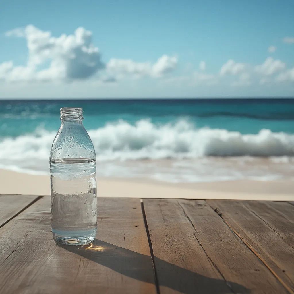 A beautiful glass water bottle on the beach.