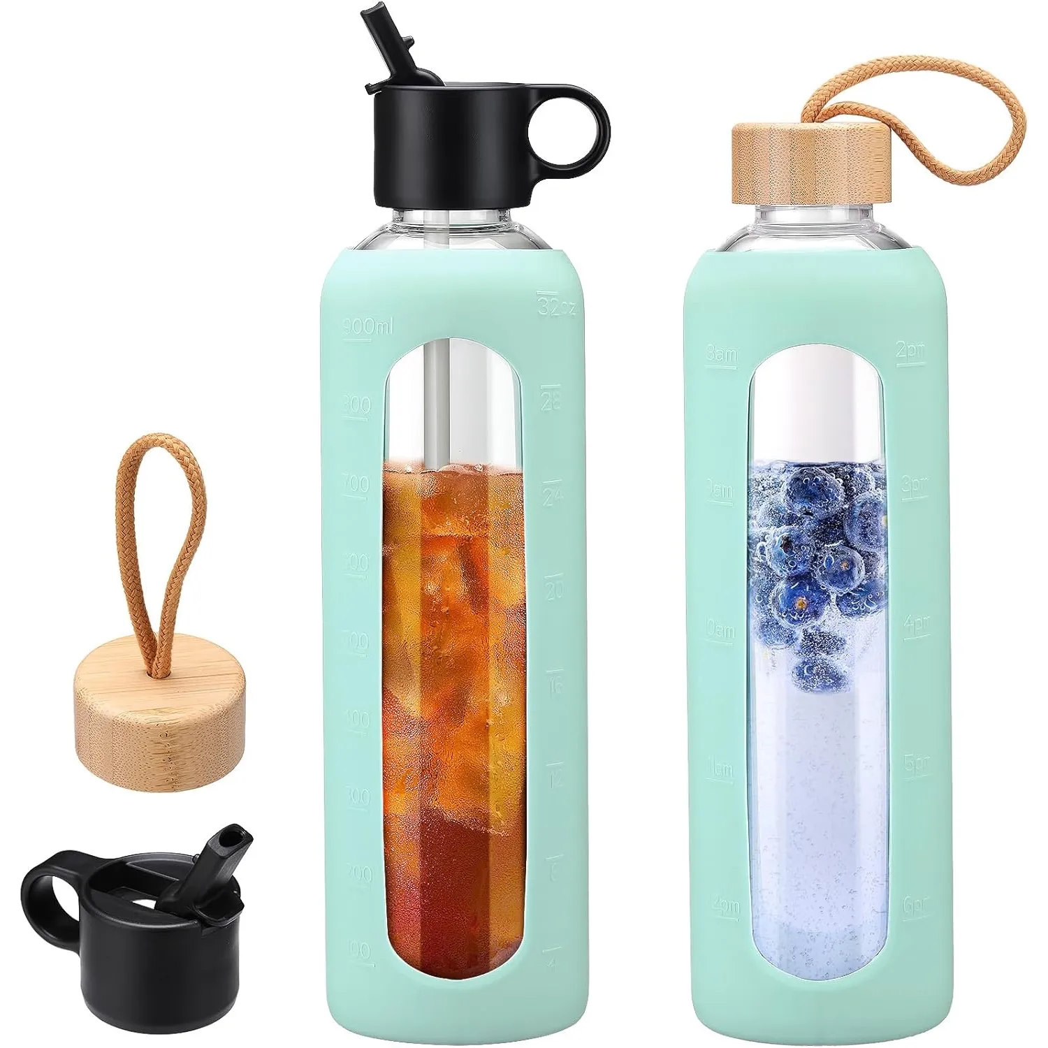WINSA 32oz glass water bottle comes with 2 lids-Flip Straw Lid and Bamboo Lid.
